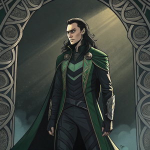 Illustration of Loki, with a dark and mysterious aura. Wearing a green and black outfit. Intense gaze and dramatic pose. Framed by intricate, ornate design. Comic book style.