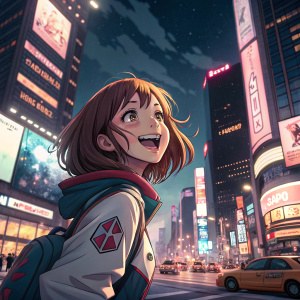 Ochaco Uraraka from My Hero Academia, smiling brightly. Posing in front of a bustling cityscape at night.