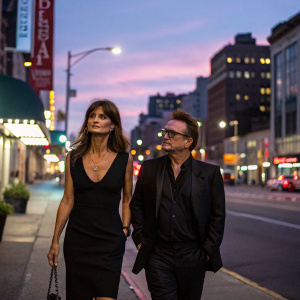 Caucasian model Helena Christensen and U2 frontman Bono walking on a bustling city street at dusk. Helena in a black dress, Bono in a dark suit.
