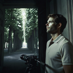 James Marsden, medium build, short brown hair, stubble, wearing a light polo shirt. Standing in a vibrant forest setting. Focused moment from film shoot.