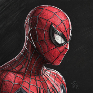 Close-up illustration of Spider-Man's face. Detailed webbing, high contrast between red and white. Sketch-like with bold lines, on a dark background