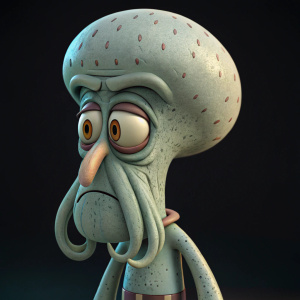 3D digital rendering of Squidward from SpongeBob SquarePants. Close-up shot, showing somber expression. Dark background