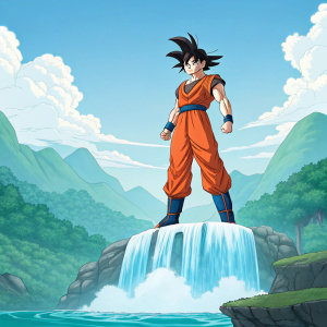Goku, clad in traditional orange gi, floating over serene, glowing waterfall. Mountainous terrain, lush greenery, and clear blue sky in background. Promotional artwork for Dragon Ball AF series