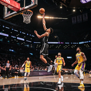 Quentin Grimes soaring towards the hoop during a high-energy match between the Brooklyn Nets and the Los Angeles Lakers.