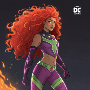 Illustration of Starfire, her fiery red hair emphasized. Dark background, DC Comics logo