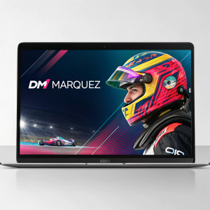 DM Márquez's online showcase. High-tech and minimalist branding elements. Vibrant graphics and logos. Futuristic website layout.