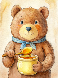 oso con tarro de miel, comiendo miel de cuchara de madera para miel, estilo winnie pooh