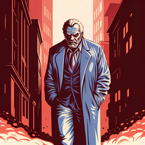 Christopher Nolan's Batman Begins, elderly male actor, intense stare. Wearing dark blue suit, standing boldly in Gotham City alley. Dark and moody lighting