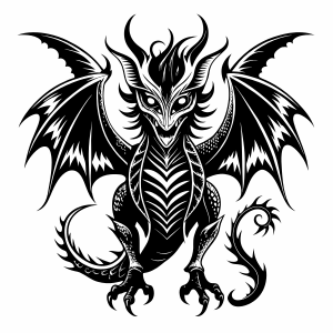 Spooky dragon, intricate, black tattoo design on a white background