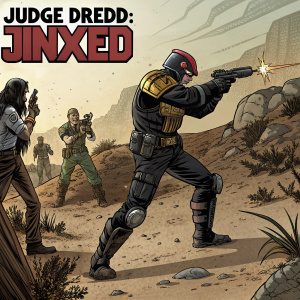 Comic book page from 'Judge Dredd: Jinxed'. Panel layout showcasing Judge Dredd in intense combat stance, surrounded by criminals. Background: harsh, desert-like environment. Art style: gritty, detailed, with dramatic shadows and lighting.