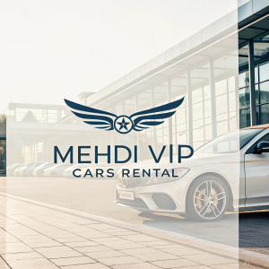 Modern logo design for Mehdi Vip Cars Rental. Split-screen graphic with clean layout. Brand name prominently displayed. Stylized wings graphic symbolizing mobility. Muted color scheme for professional look.
