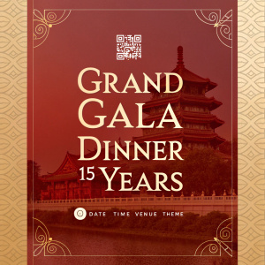Digital invite for grand gala dinner celebrating 15 years. Elegant design with deep red and golden hues. Includes iconic asian architecture, qr code for seamless entry. All essential details like date, time, venue, and theme clearly listed.