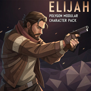 Digital art of Elijah, male character. Rugged look, brown clothes, intense gaze, drawing a weapon. Dark background, abstract shapes. Text: 'Elijah', 'Polygon Modular Character Pack'. Low-poly, stylized design.