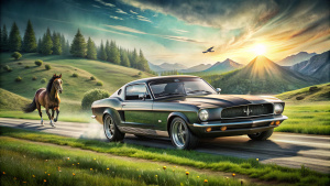 Un auto Mustang que y un caballo de color negro brilloso, foto realista, toma completa, que están posando para la foto, que estan corriendo, en la pista, con praderas de color verde