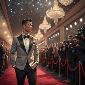 Cristiano Ronaldo at a glamorous award ceremony, wearing a tuxedo. Glittering chandeliers, red carpet, and paparazzi flash