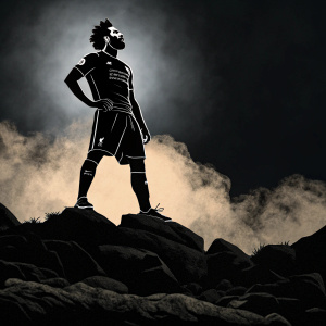 Digital art of Mo Salah, The Egyptian King, standing on rocky terrain. Silhouette style with dramatic dark background. Limited black and grey color palette