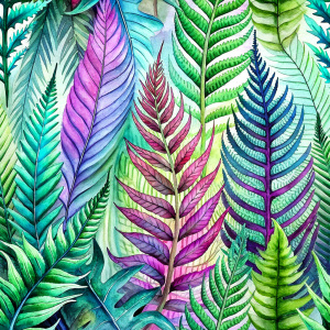 ferns and  tropical leaves. laying repeat.
 white backgraund.