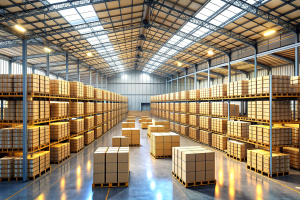 Storage of boxes inside a large industrial warehouse, stock of merchandise on shelves and racks