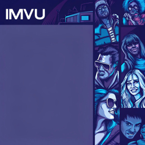 A vibrant IMVU homepage with gradient lavender background. Displaying a variety of avatars in diverse poses and outfits. White text box for quick navigation links.