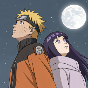 Digital art showcasing Naruto Uzumaki and Hinata Hyuga. They are standing in a dramatic pose, with a minimalist background of stars and moon.