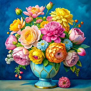 Watercolor image ,orange chrysanthemum, pink daffodil ,pale roses pink Damarions,pink Ranunculus viburnum ,rose pink wax flower ,ruby pink dandelion ,calla , pink geranium,green Bougainvillea , a Yellow Porcelain Luxury Chinese Vintage Vase with green ornaments ,on a white wall, watercolor