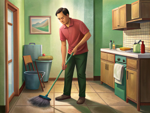 phillipino-looking husband does the housework. 