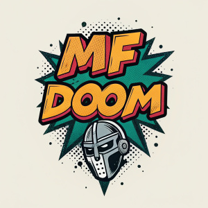 A dynamic, aggressive logo design featuring 'MF DOOM' in bold, graffiti-style font. Below, a smaller graphic element enhances the streetwear aesthetic.
