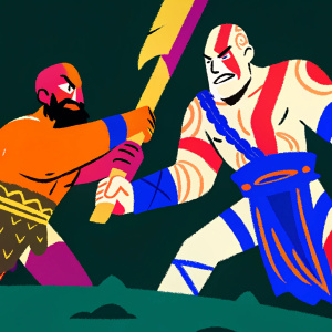 Concept art illustration of Kratos from God of War. Digital artwork depicting detailed moveset for a fighting game. Vibrant color palette
