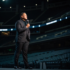 Miguel Cabrera, in a sleek black suit, giving a motivational speech. Empty stadium, dimly lit stage