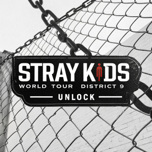 STRAY KIDS World Tour District 9 Unlock promotional poster. Bold black and white colors. Chain-like structure and grunge design. Event name and STRAY KIDS in bold font. Textured mesh background.