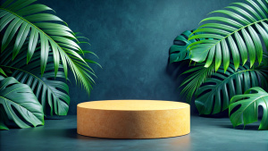 Cosmetics product advertising podium stand with tropical leaves background. Empty natural stone pedestal platform to display beauty product. Mockup