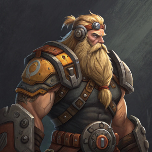 Digital illustration showcasing Torbjörn, a muscular, armored figure. Long blonde beard, stern face. Mechanical elements, battle-ready design. Set against a dark, textured background. High-resolution, detailed artwork.