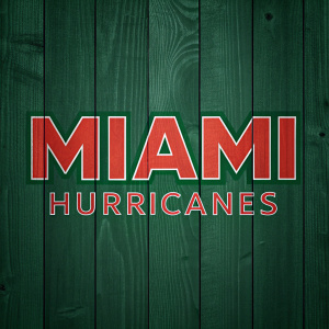 Miami Hurricanes logo wallpaper. Dark green background with wood texture. Bold green lettering with red accents.