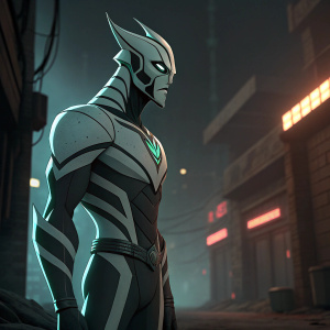 3D illustration of Ghostfreak from Ben 10, side profile view. Futuristic design with angular and sleek lines. Dark and gritty cyberpunk style background.