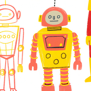 A series of sketchbook pages showcasing the evolution of a robot character. First sketch shows basic circular body with stick legs and arms. Second page features detailed addition of rectangular chest plate and circular head with simple face. Third sketch adds intricate mechanical components like gears and bolts, refined limbs and a sleek helmet. Final sketch presents the fully developed robot design with all components in place, including antennas, weapons and a sleek metallic finish.