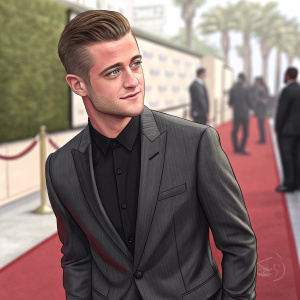 Robbie Rogers at the GLSEN Respect Awards. Wearing dark gray suit and black shirt. Short haircut, confident look.
