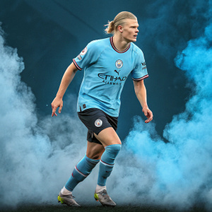 Digital art depicting Erling Haaland, a soccer star for Manchester City. He is in his prime, with blonde hair and intense gaze. Wearing blue jersey with sponsor logos, black shorts, and cleats. Background is abstract, digital smoke