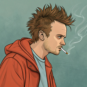 Digital illustration of Jesse Pinkman from Breaking Bad, smoking a cigarette. Bold, vibrant colors and exaggerated features. Cartoon style.