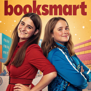 Two young women, Alisha Weintraub and Molly Gordon, posing for a movie poster of 'Booksmart'. Bright color scheme