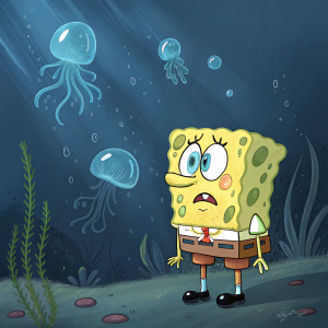 SpongeBob SquarePants in a gloomy underwater setting. Dark blue background with faint glowing jellyfish