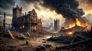 Generate a powerful, hyper-realistic animated image that represents the ruins of the great war