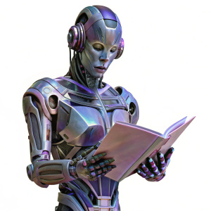A realistic beautiful detailed robot with a human face looks at the documents in his hands