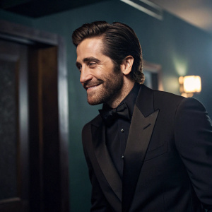 Jake Gyllenhaal, in a dimly lit room, wearing a black tuxedo with a subtle smile, his dark brown hair neatly styled, and a well-groomed beard.