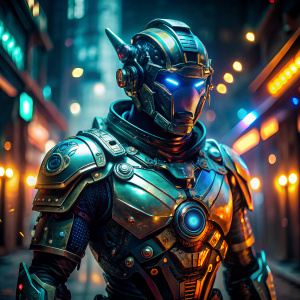 Techno-knight in armor: A digital illustration featuring a futuristic armored warrior, clad in sleek and advanced battle armor, with glowing neon accents and intricate mechanical details, exuding strength and power in a cybernetic world.

