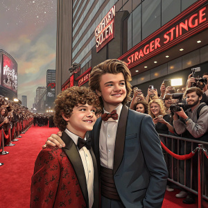 Gaten Matarazzo and Joe Keery at the New York City premiere of Stranger Things. Crowded red carpet with flashing cameras.