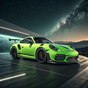 A futuristic concept rendering of a neon green Porsche 911 GT3 RS. The car features an aggressive aerodynamic design including a massive rear wing. Positioned on a sleek, matte black surface with a backdrop of an abstract, gradient night sky. Dramatic lighting highlights the car's sleek lines and detailed surfaces.