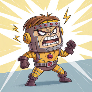 Cartoon rendering of Modok from Marvel Comics, enraged expression, detailed with metallic and mechanical components, set against a contrasting light background.