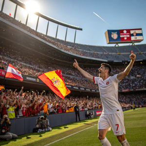 Robert Lewandowski celebrates scoring a goal on a sunny day. Camp Nou stadium, Barcelona. Crowds cheering