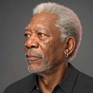 3D rendered close-up of Morgan Freeman's face. Grey backdrop, neutral expression.