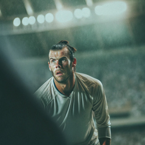 Gareth Bale, Welsh footballer, intense look on his face. Dressed in his Real Madrid kit. Stadium view blurred out, focusing on the player's expression.
